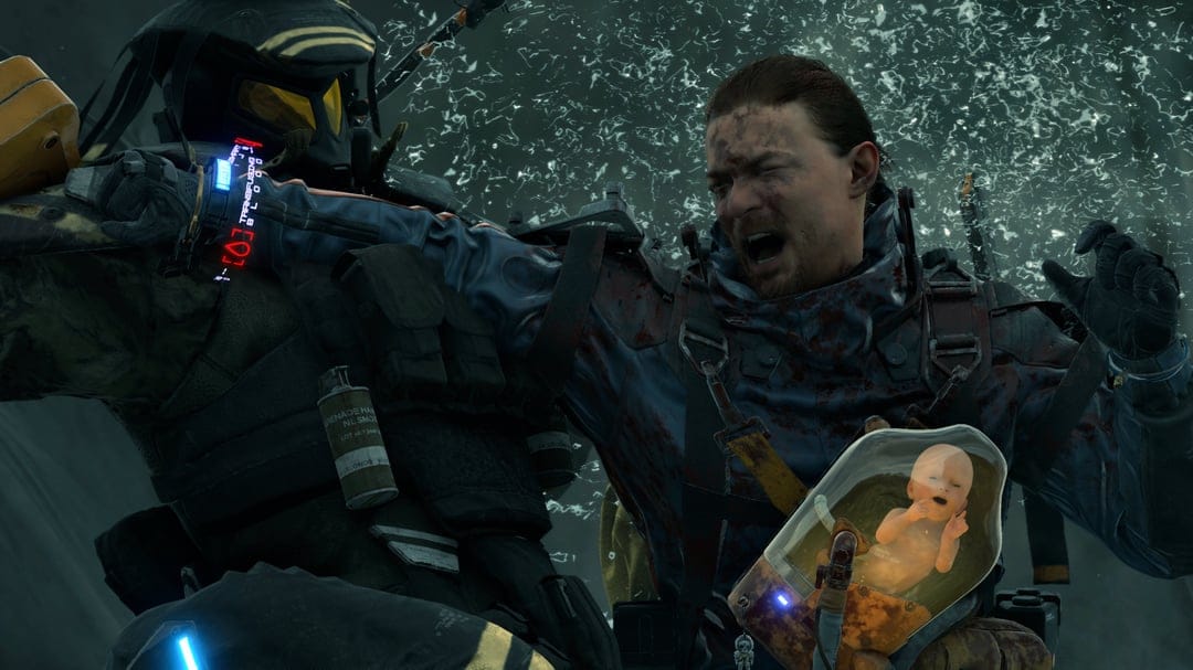 Sam Bridges fighting an armored enemy in Death Stranding with a BB pod and glowing red transfusion UI.
