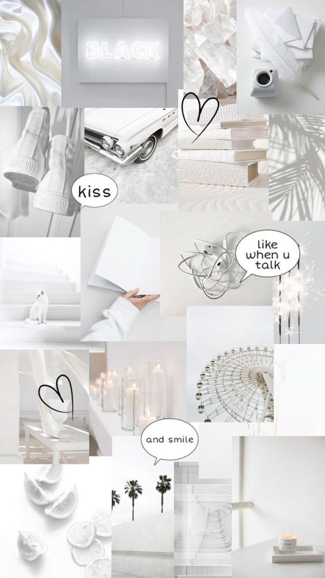 White cat, vintage car, and crystals arranged in a minimalist collage with soft satin and stacked old books.