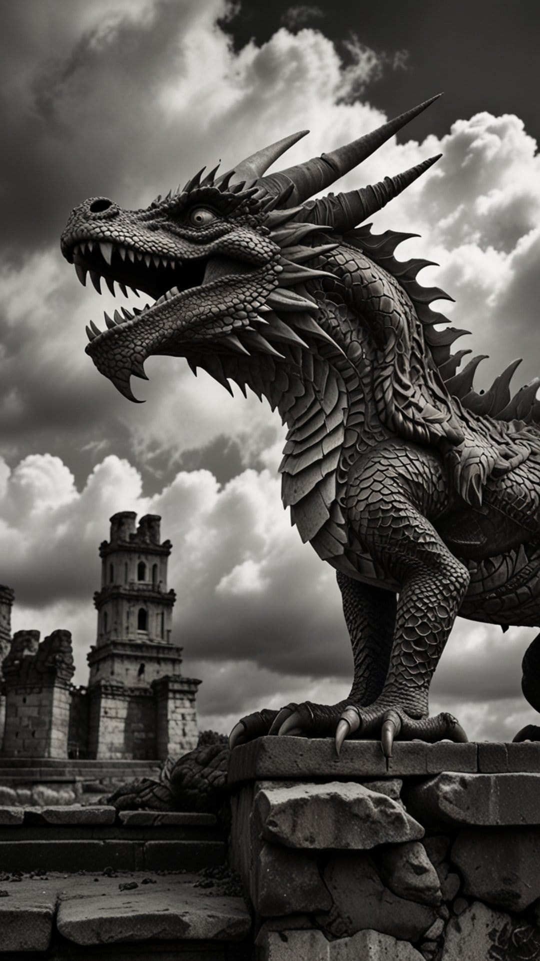 Colossal stone dragon statue with sharp horns stands before ruined castle walls under a dark, stormy sky.