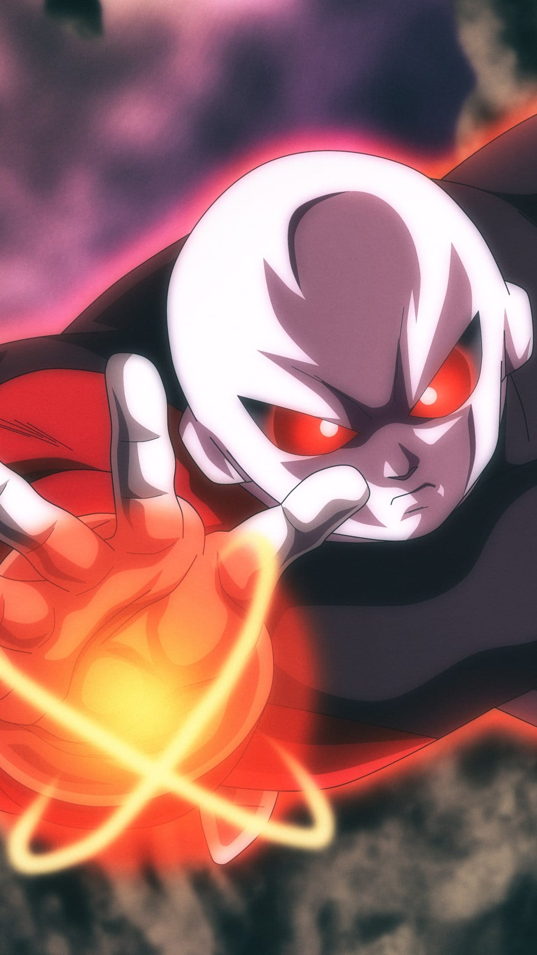 Jiren holding a glowing orange energy orb with his muscular arm while his red eyes shine against a dark background.
