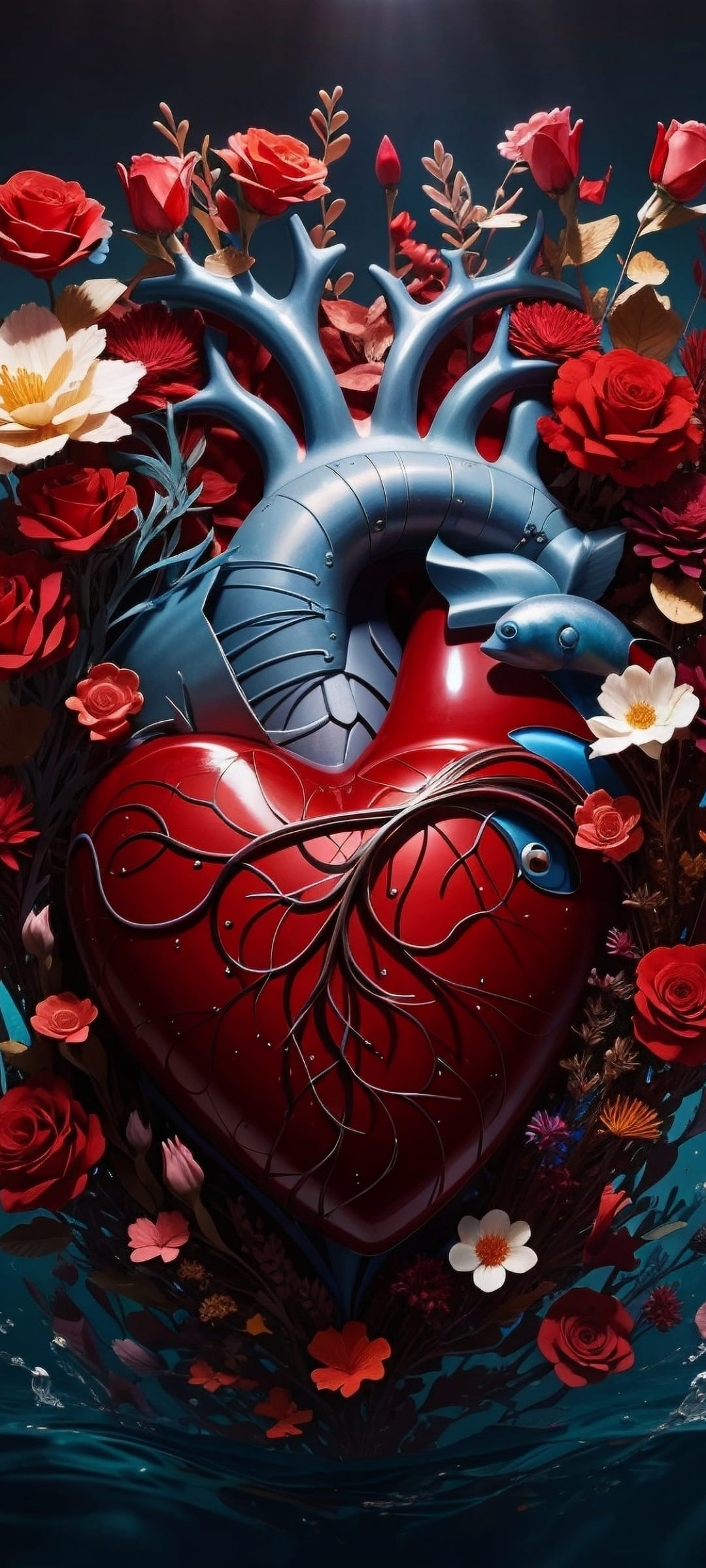 Anatomical heart with red roses, blue flowers, and metallic components amidst water splashes on a dark background.