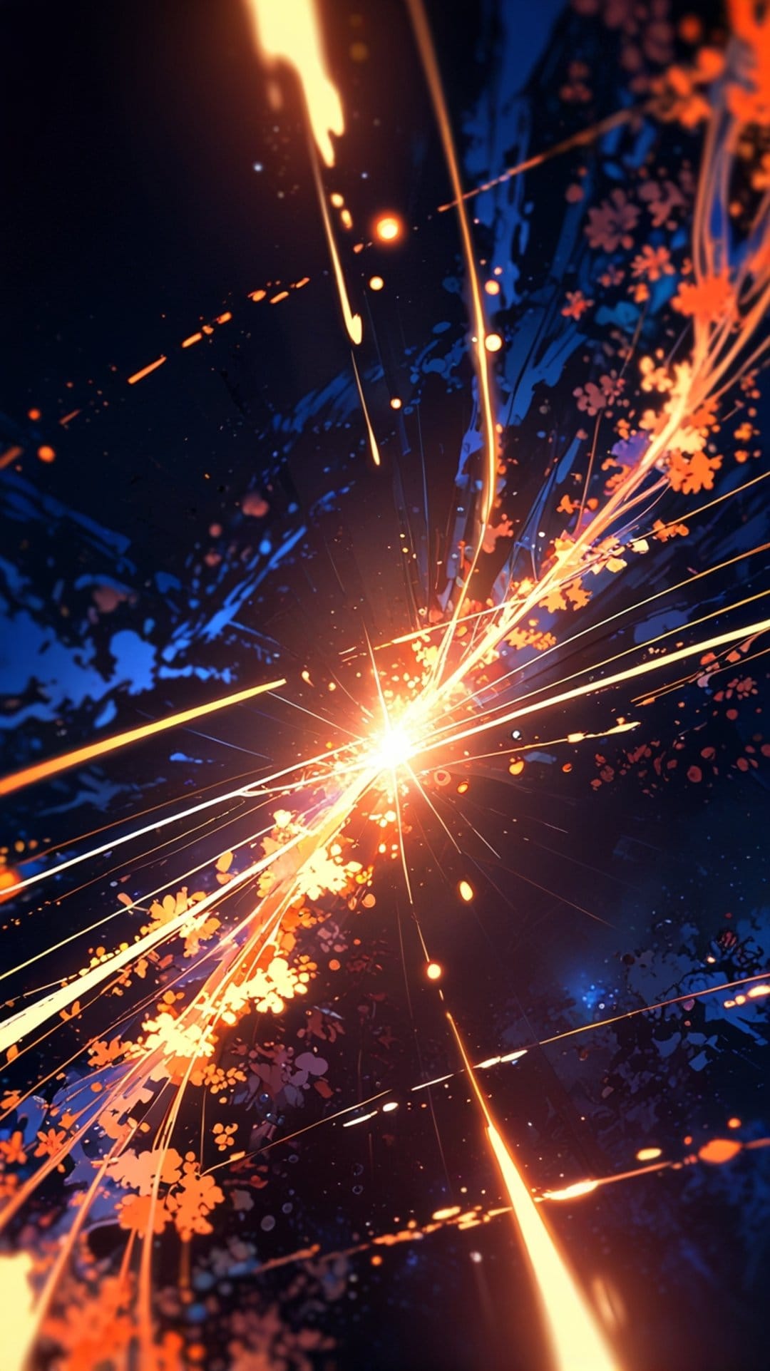 Glowing orange light streaks and blue floral petals radiate outward from a central burst against a black backdrop.