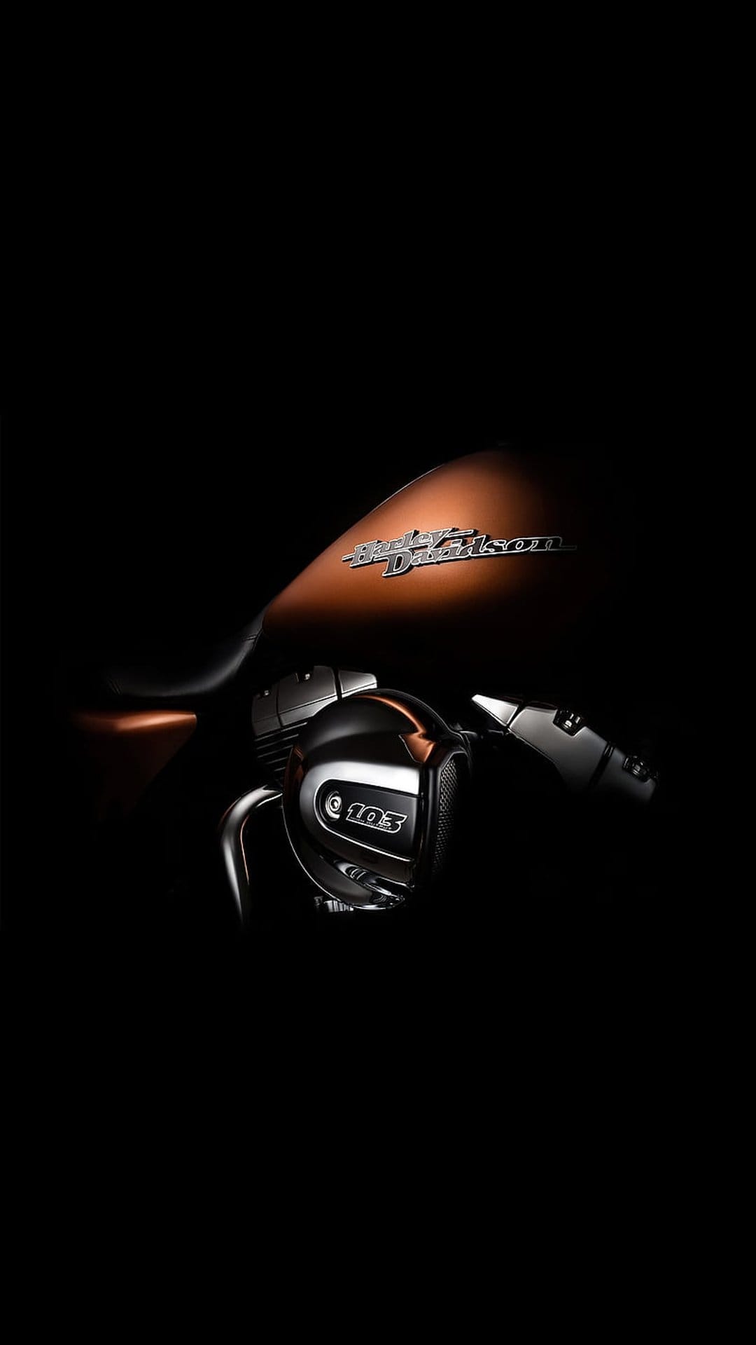Harley Davidson motorcycle engine and copper tank featuring the 103 emblem on a dark, shadowed background.