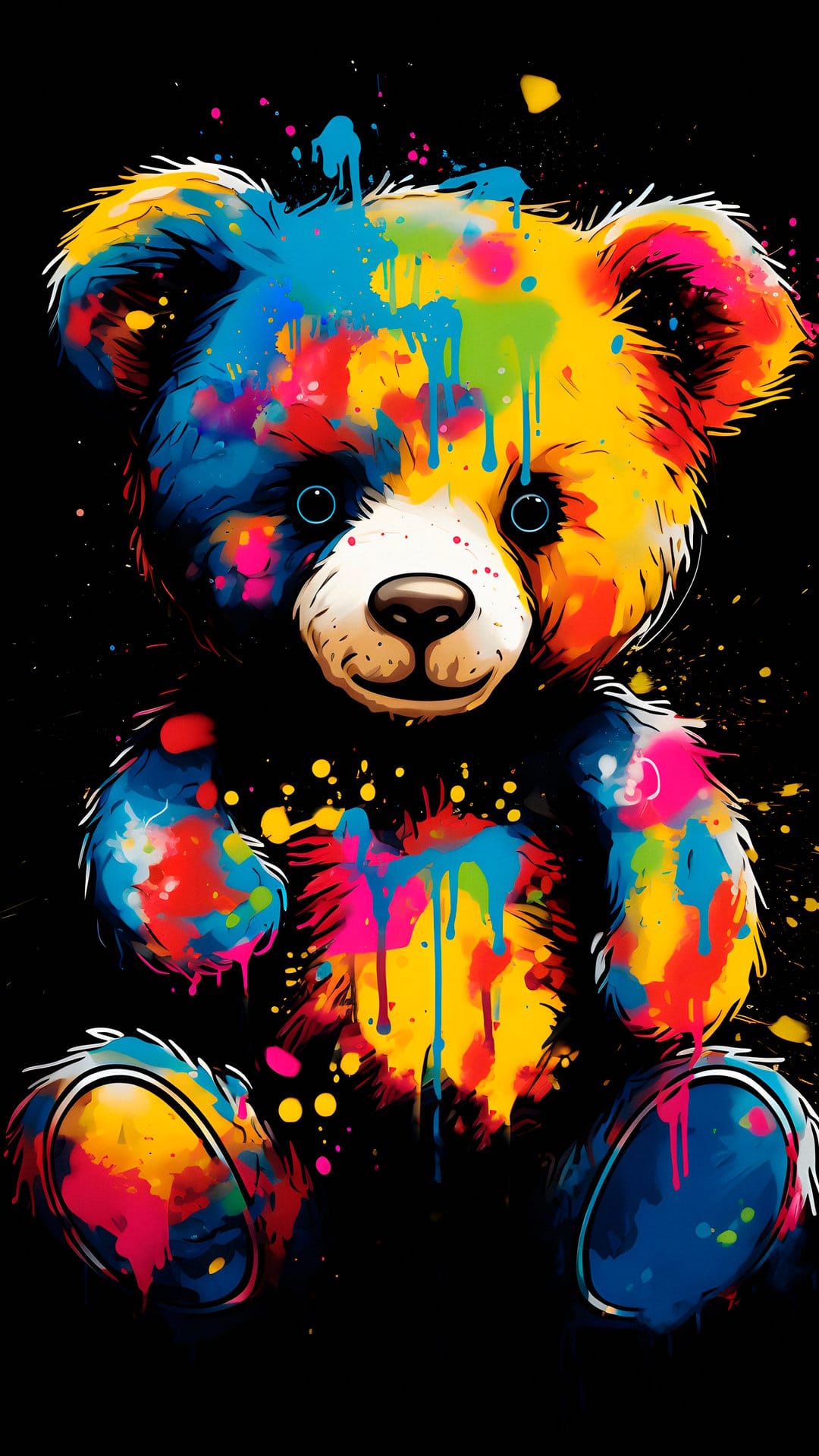 Teddy bear formed by vibrant yellow and red paint splatters and drips centered on a solid black backdrop.