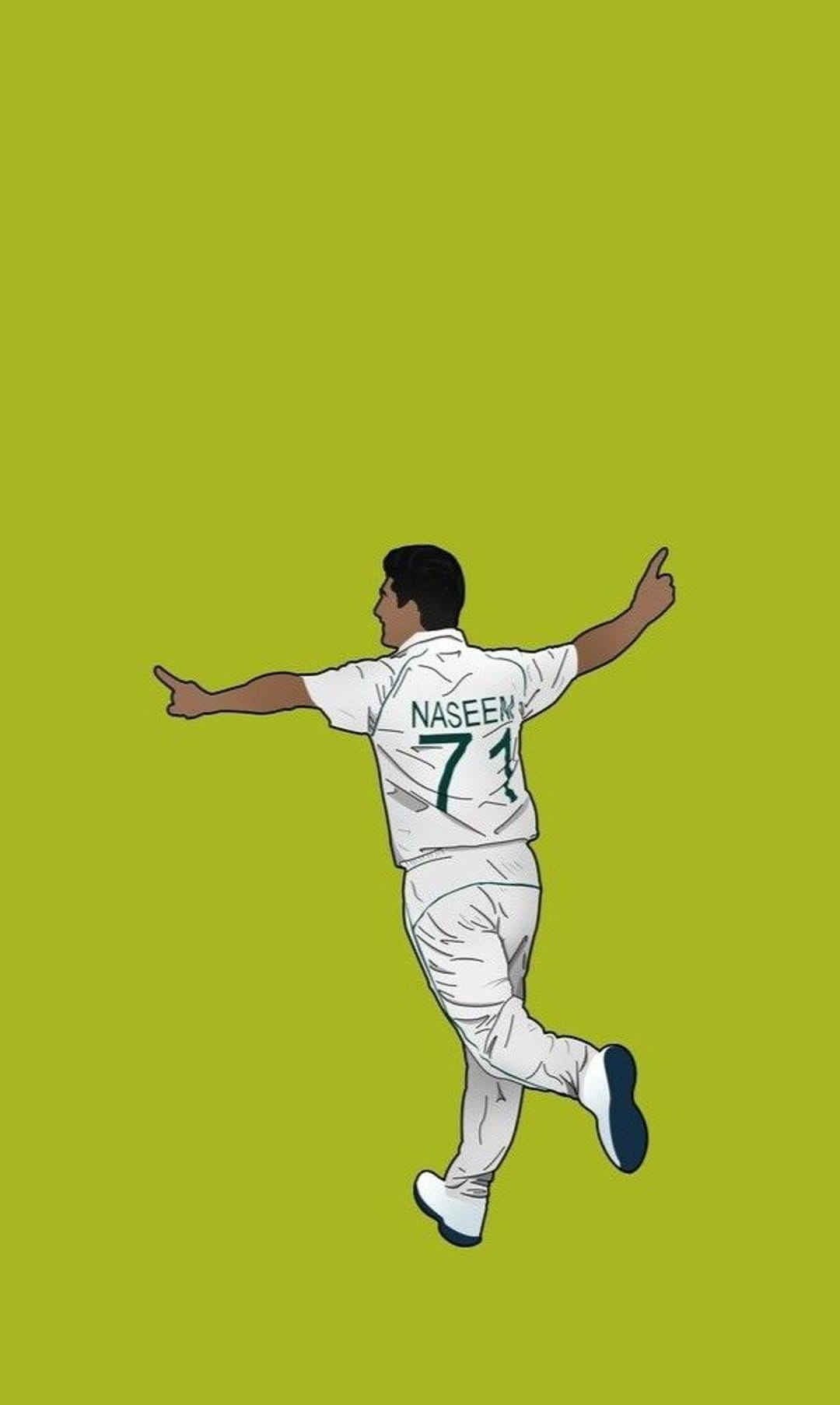 Cricketer Naseem Shah in a white uniform with number 71 runs with arms outstretched on an olive background.