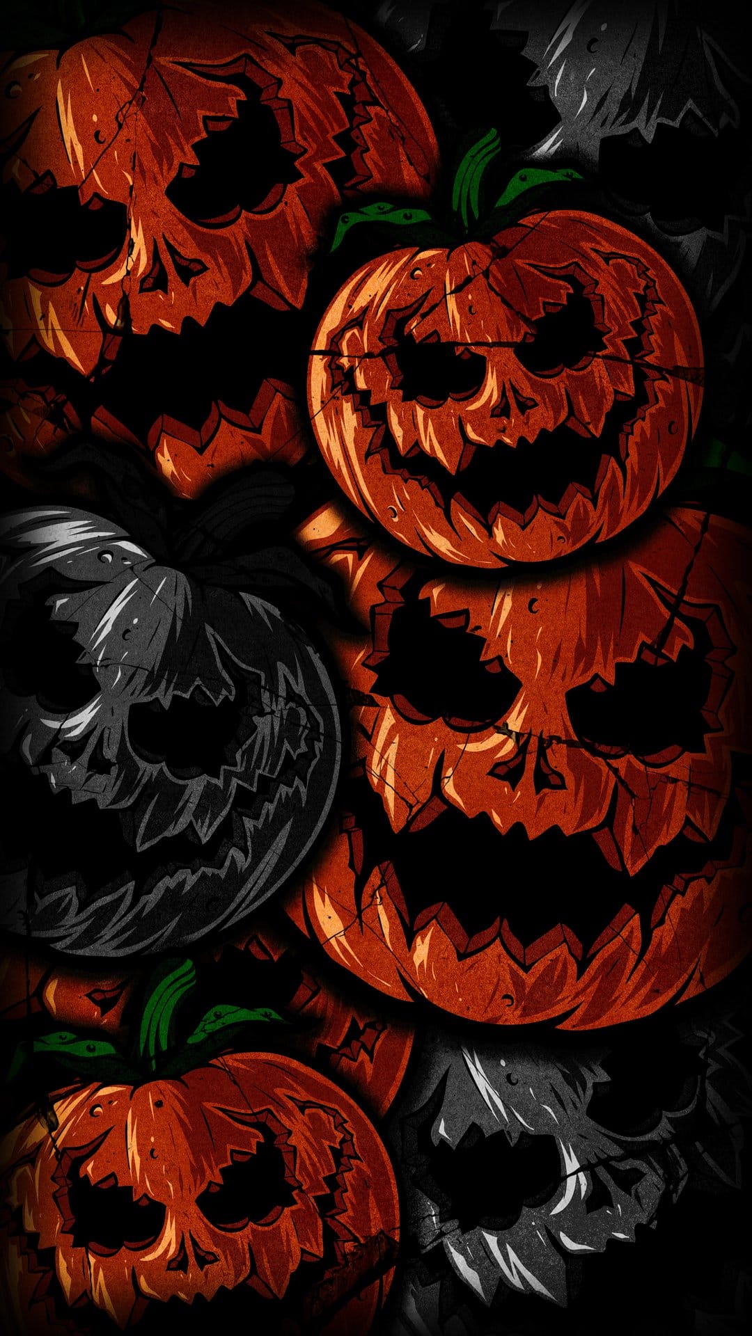 Carved pumpkins with jagged teeth and hollow eyes stack together showing cracked orange rinds and gray shadows.