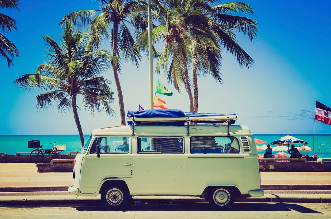 Mint green vintage camper van parked on a coastal street by palm trees and a turquoise ocean on a sunny day.