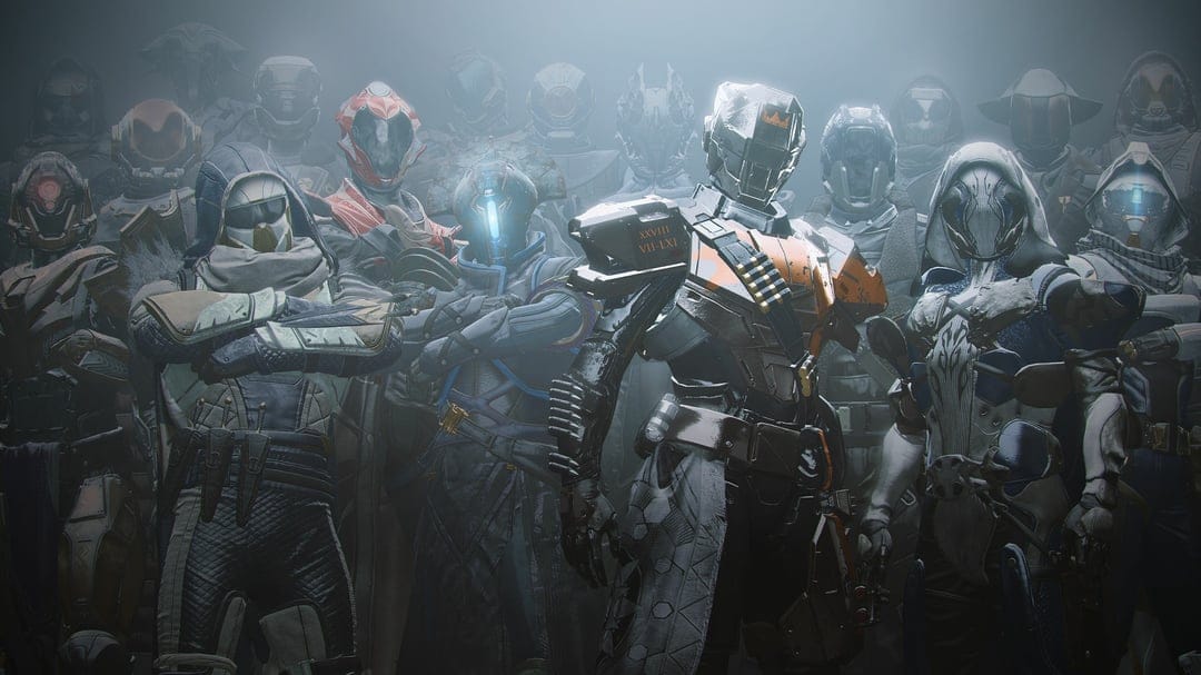 Armored space warriors standing together in a misty environment with metallic textures and glowing lights.
