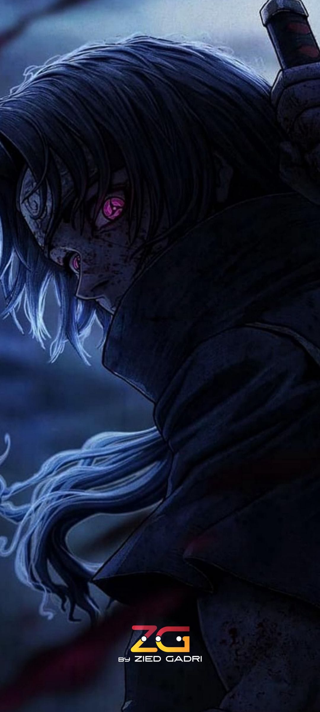 Anime warrior with glowing pink eyes and tattered dark clothing holds a sword hilt in a moody dark setting.