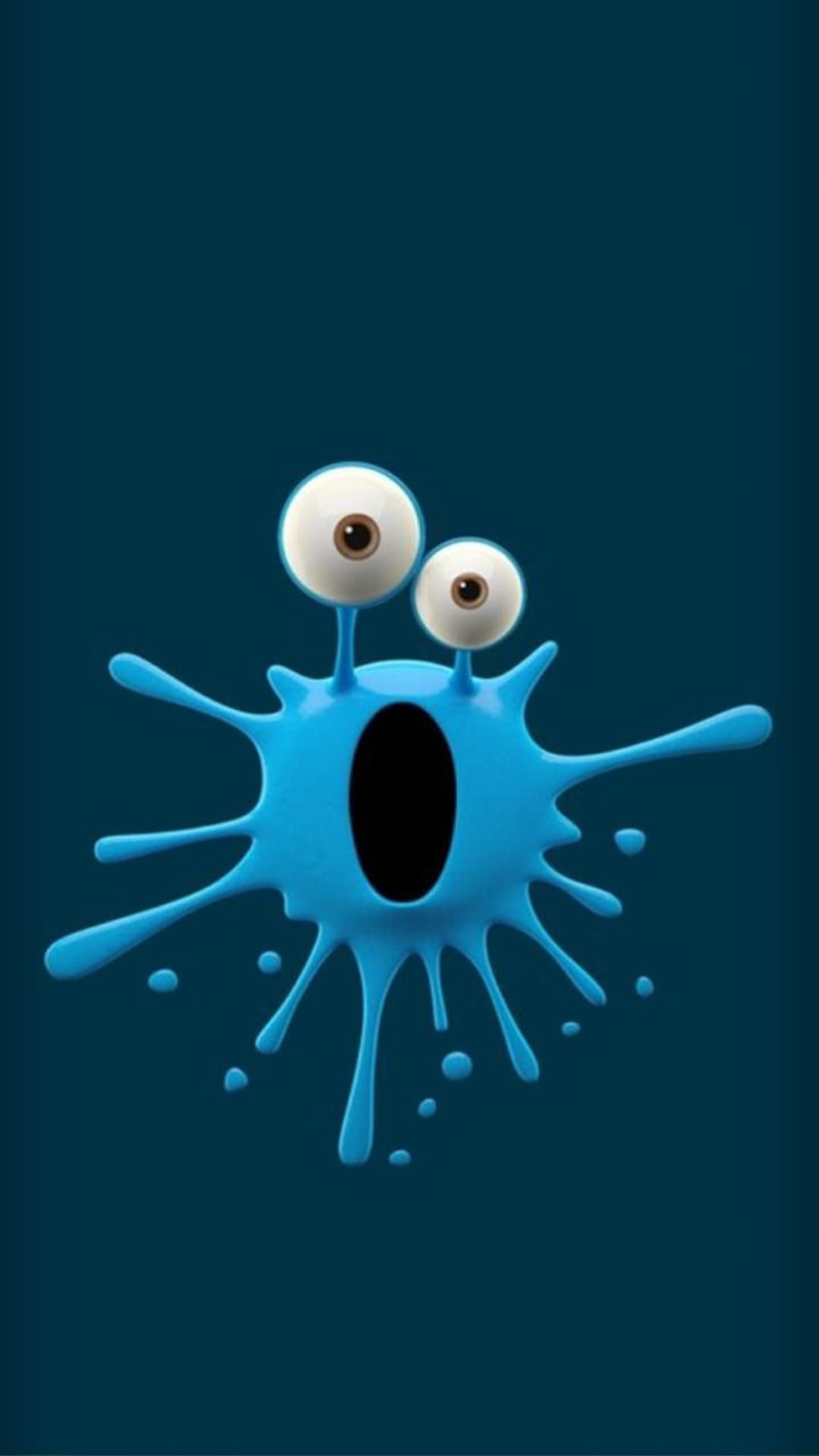 Blue blob monster with two large googly eyes and a wide black mouth set against a dark textured background.
