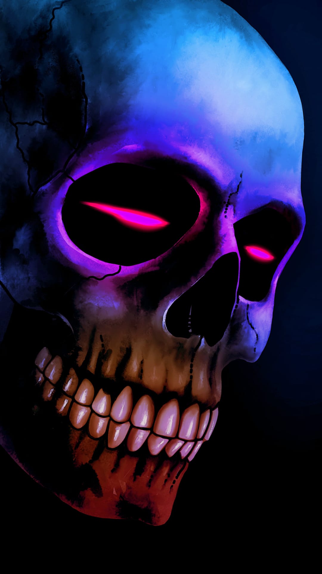 Human skull illuminated by neon blue and purple lights with intense glowing red light within the eye sockets.