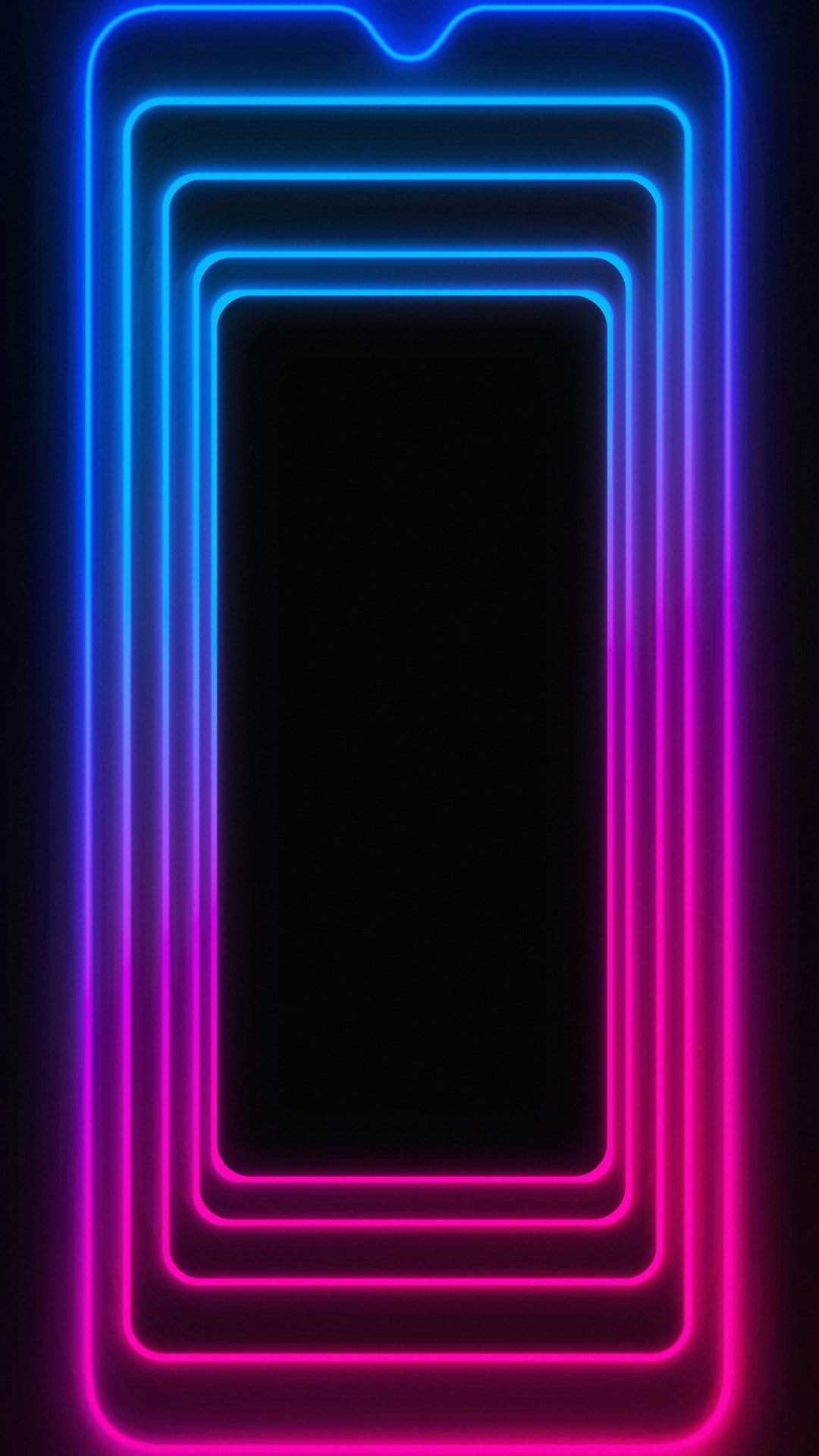 Concentric neon frames transition from electric blue to pink, creating a vibrant geometric light trail effect.
