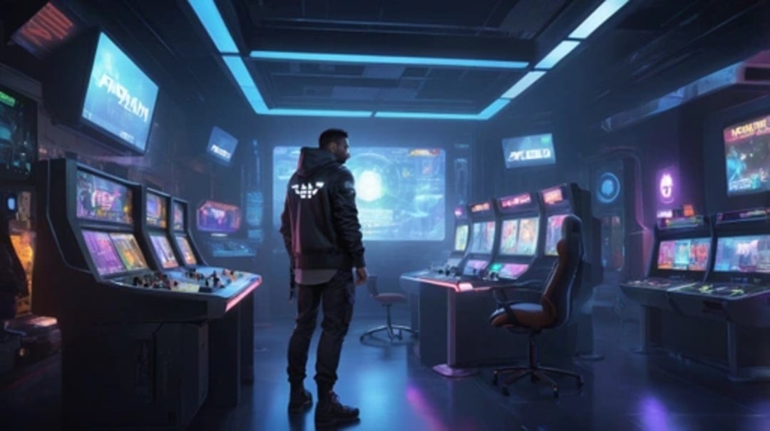 Man standing amidst glowing purple and blue arcade machines in a dark, high-tech room with vibrant neon lighting.