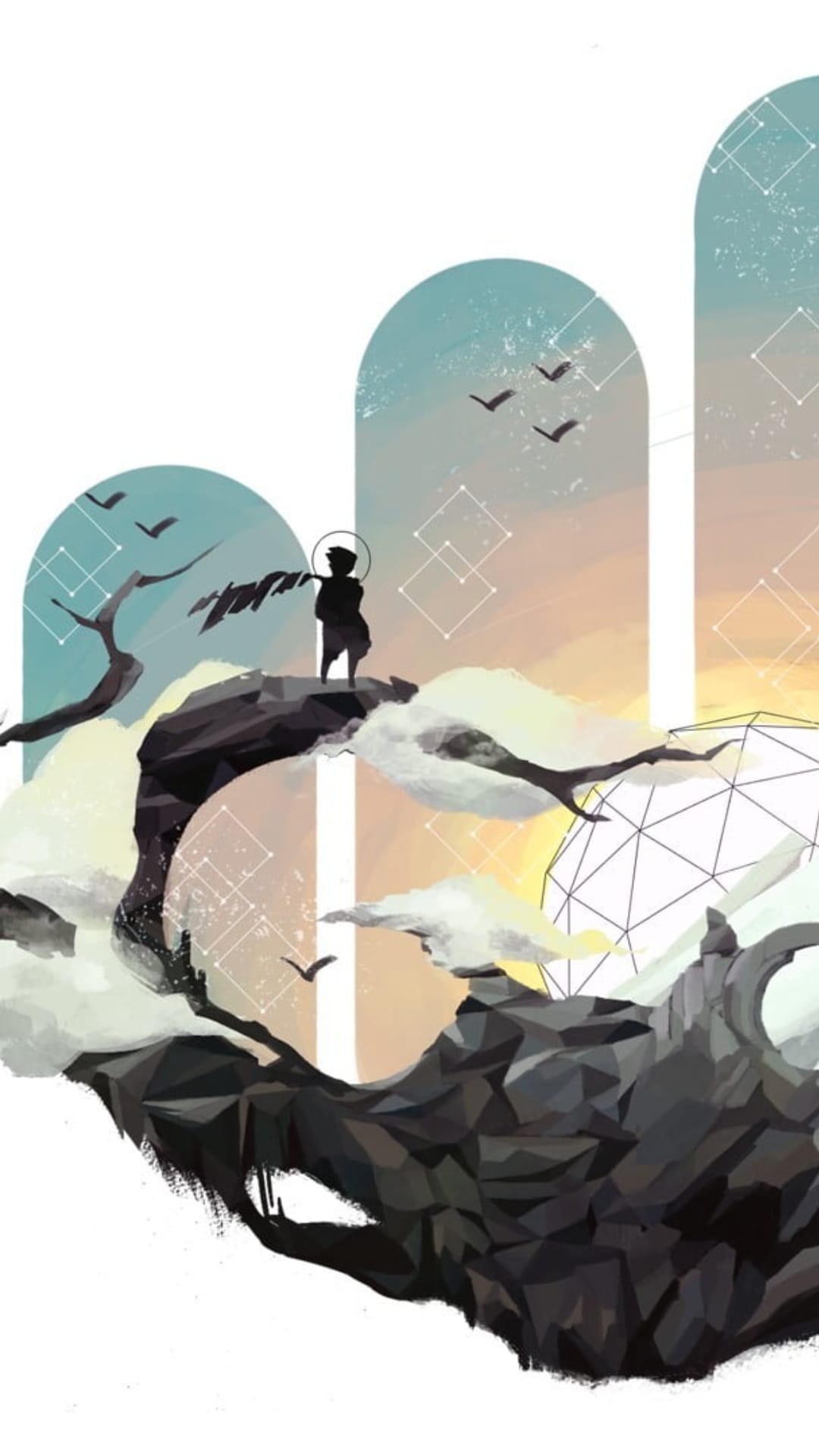 Silhouetted boy stands on a dark cliff facing a wireframe sphere and birds against a blue and orange gradient sky.