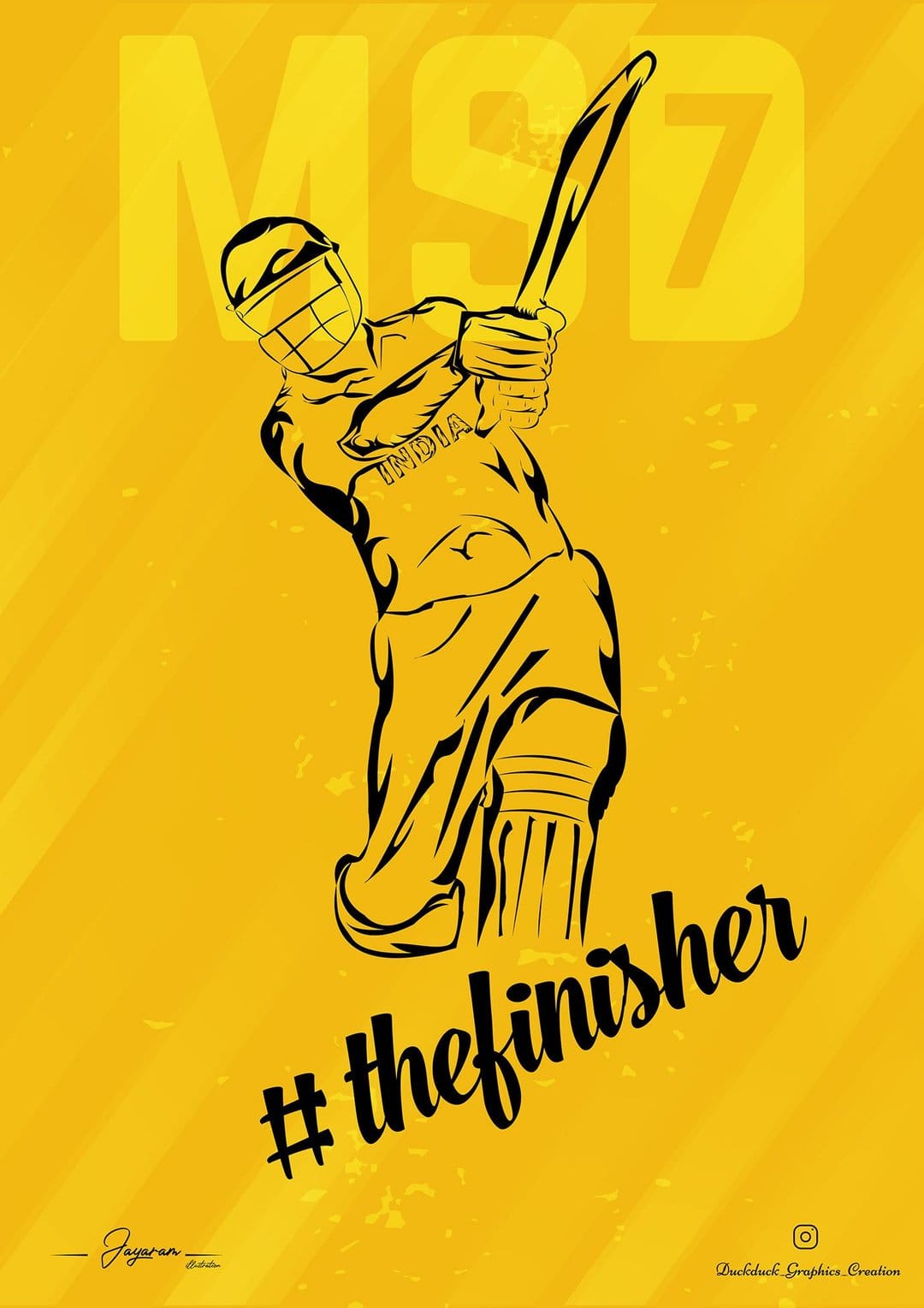 Mahendra Singh Dhoni swings his bat in a yellow jersey against a textured background with MSD 7 and finisher text.