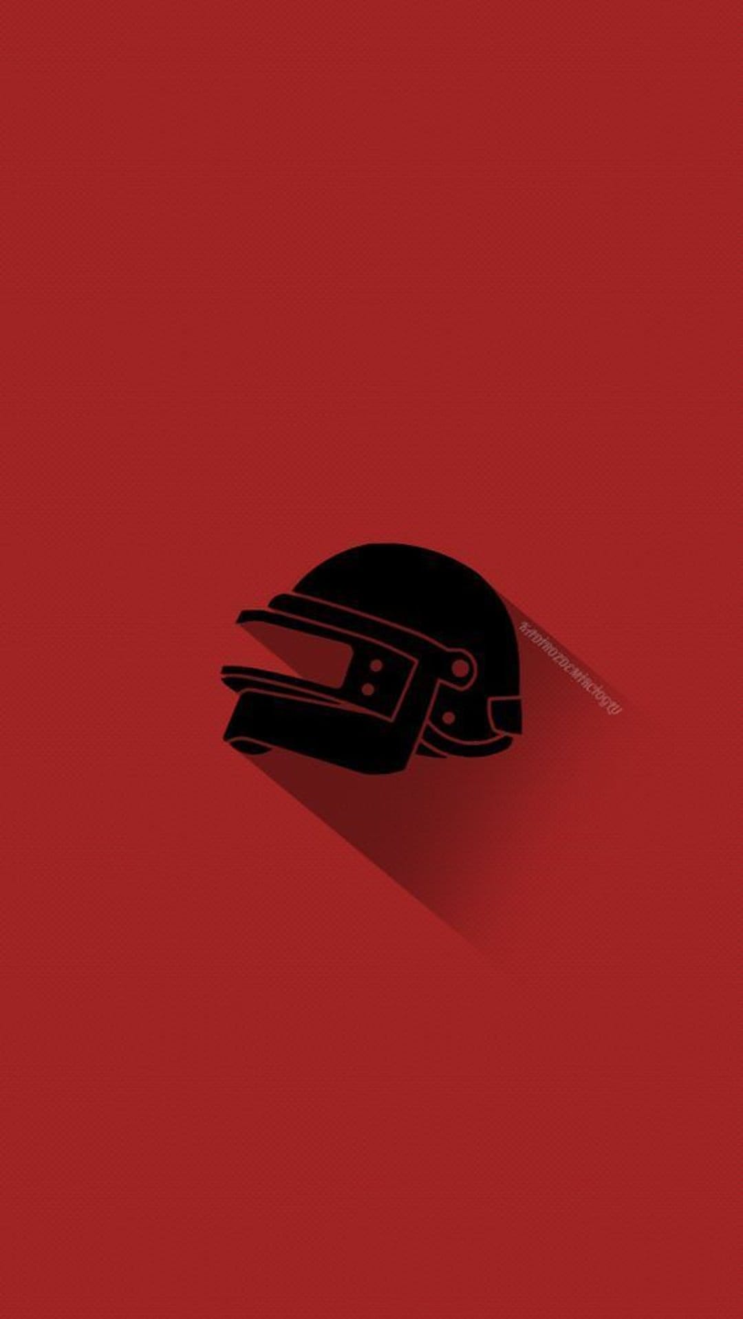 Tactical helmet silhouette with a long shadow centered on a solid vibrant red background for mobile displays.