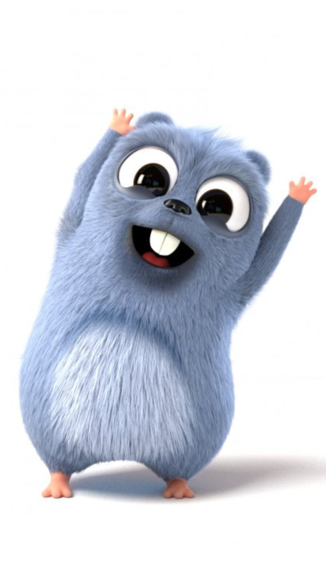 Blue hamster character with big eyes and buck teeth waves against a white background with a cheerful expression.