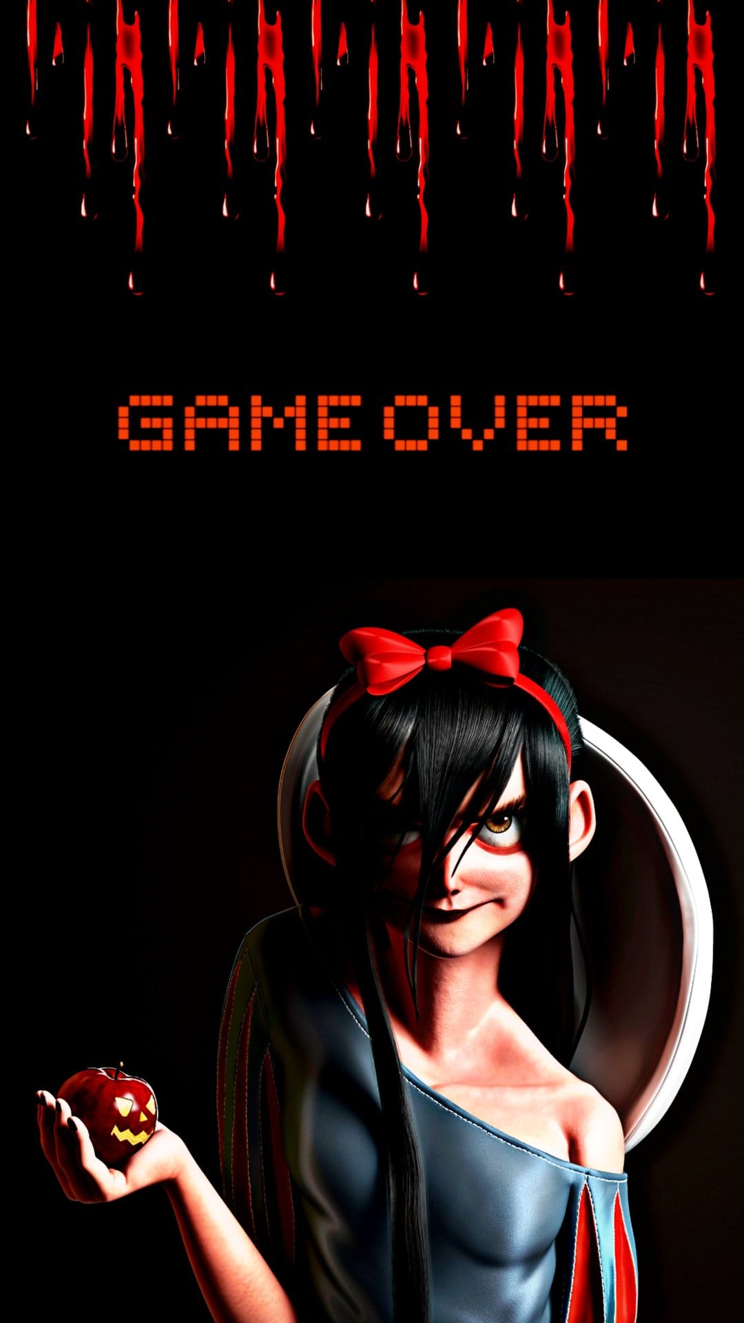 Gothic Snow White clutches a carved skull apple under dripping red game over text in a dark anime setting.