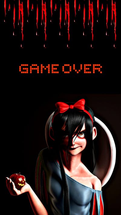 snow white,apple,streaks,inscription,game over,digital art
