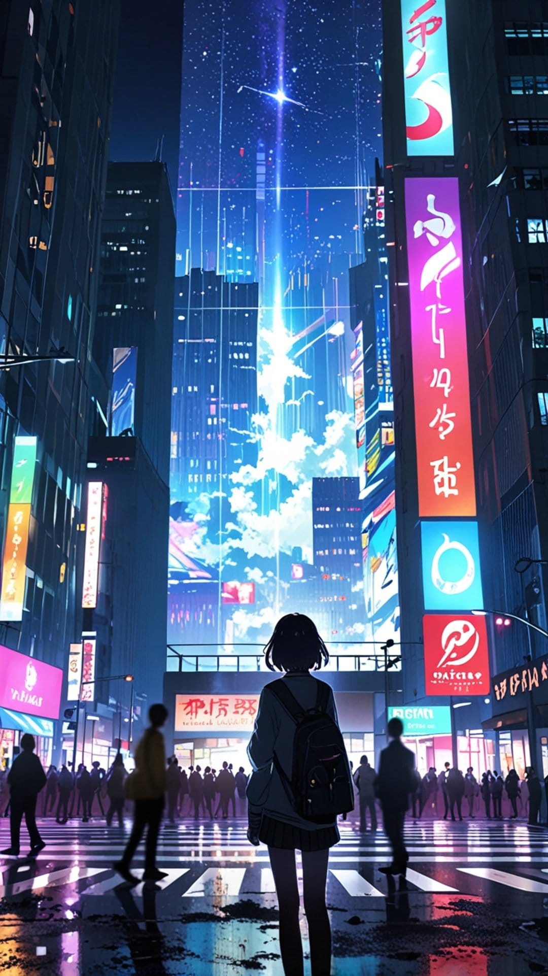 Solitary person standing at a wet urban crossing surrounded by neon billboards and futuristic skyscrapers.