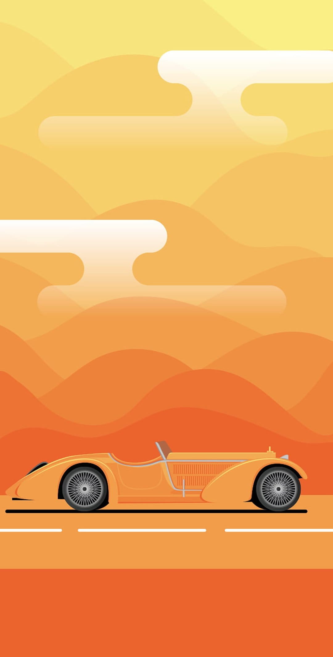 Orange vintage sports car with spoked wheels driving on a desert road among sand dunes under a sunset sky.