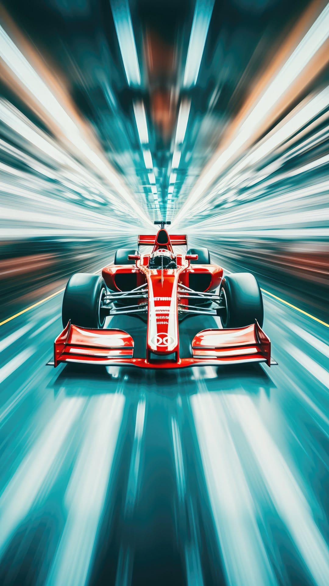 Red Formula 1 racing car accelerating through a blurry tunnel with vibrant light streaks on a portrait screen.