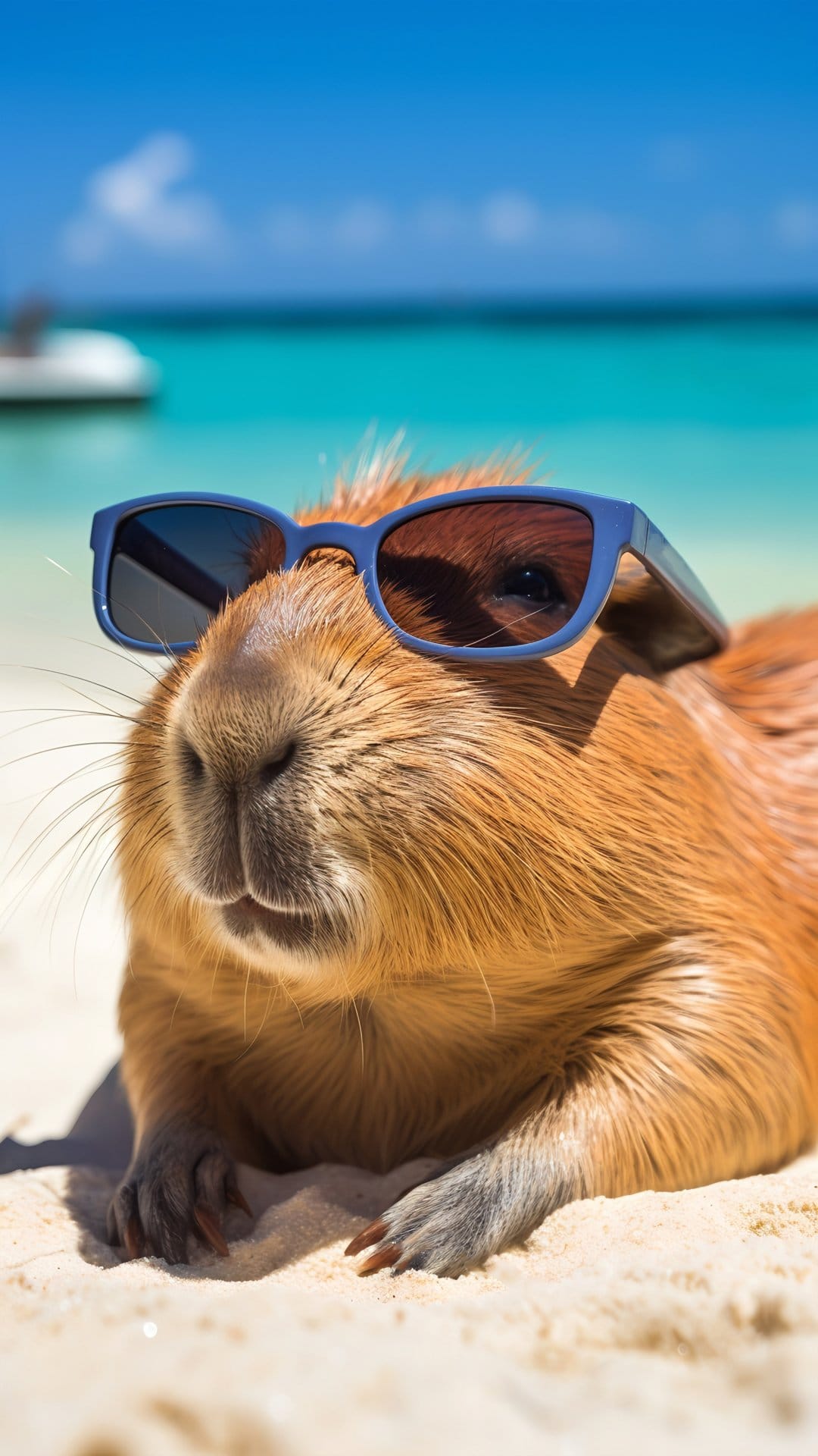 Capybara wearing blue sunglasses on a white sand beach with turquoise waves under a bright, clear summer sky.
