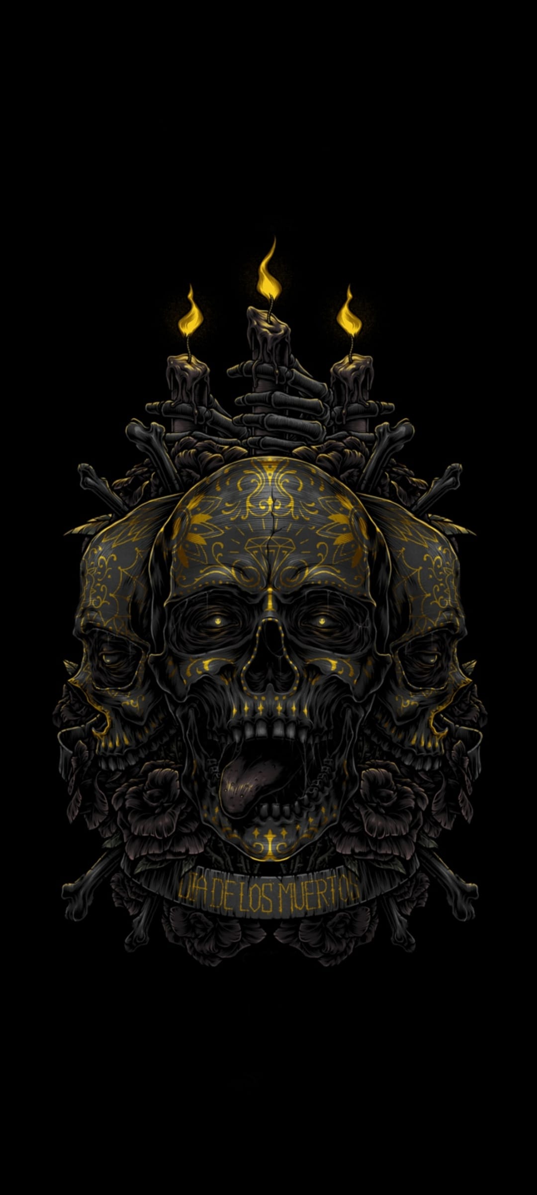Ornate skulls with golden filigree, lit candles, and dark roses surrounding a Dia de los Muertos banner.