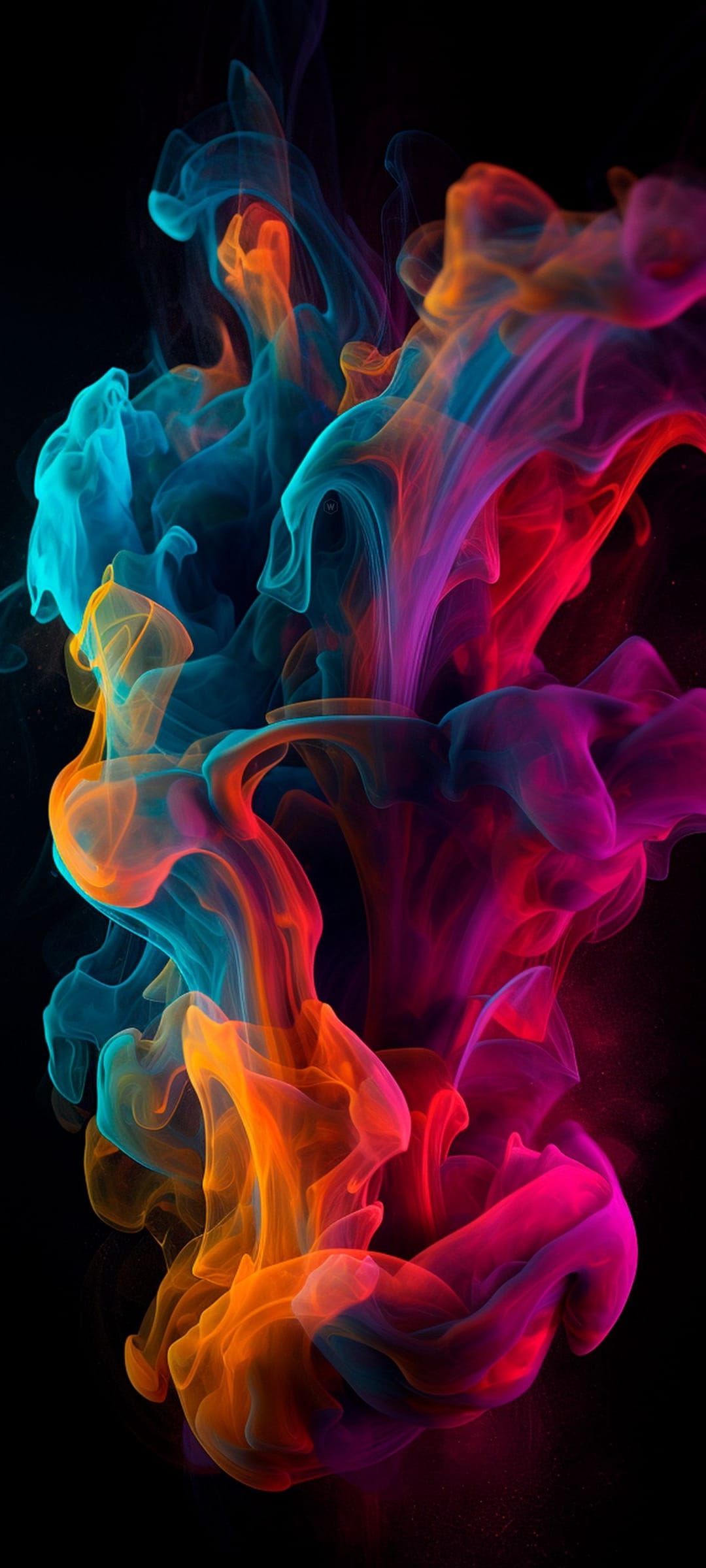 Swirling blue, orange, and magenta smoke trails rise vertically against a solid black backdrop in high contrast.
