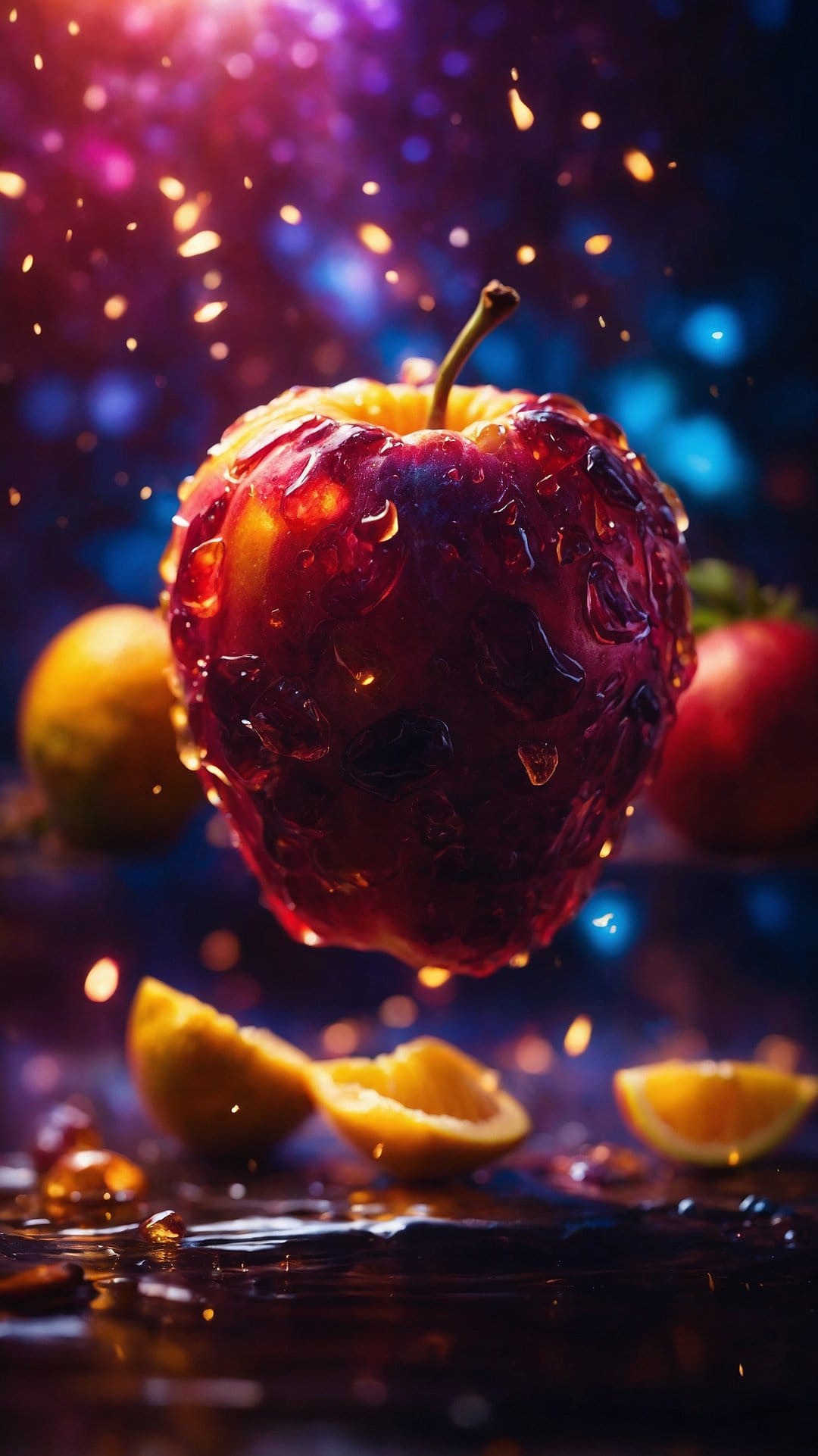 Red apple and orange slices suspended among shimmering golden lights and soft bokeh circles on a dark background.