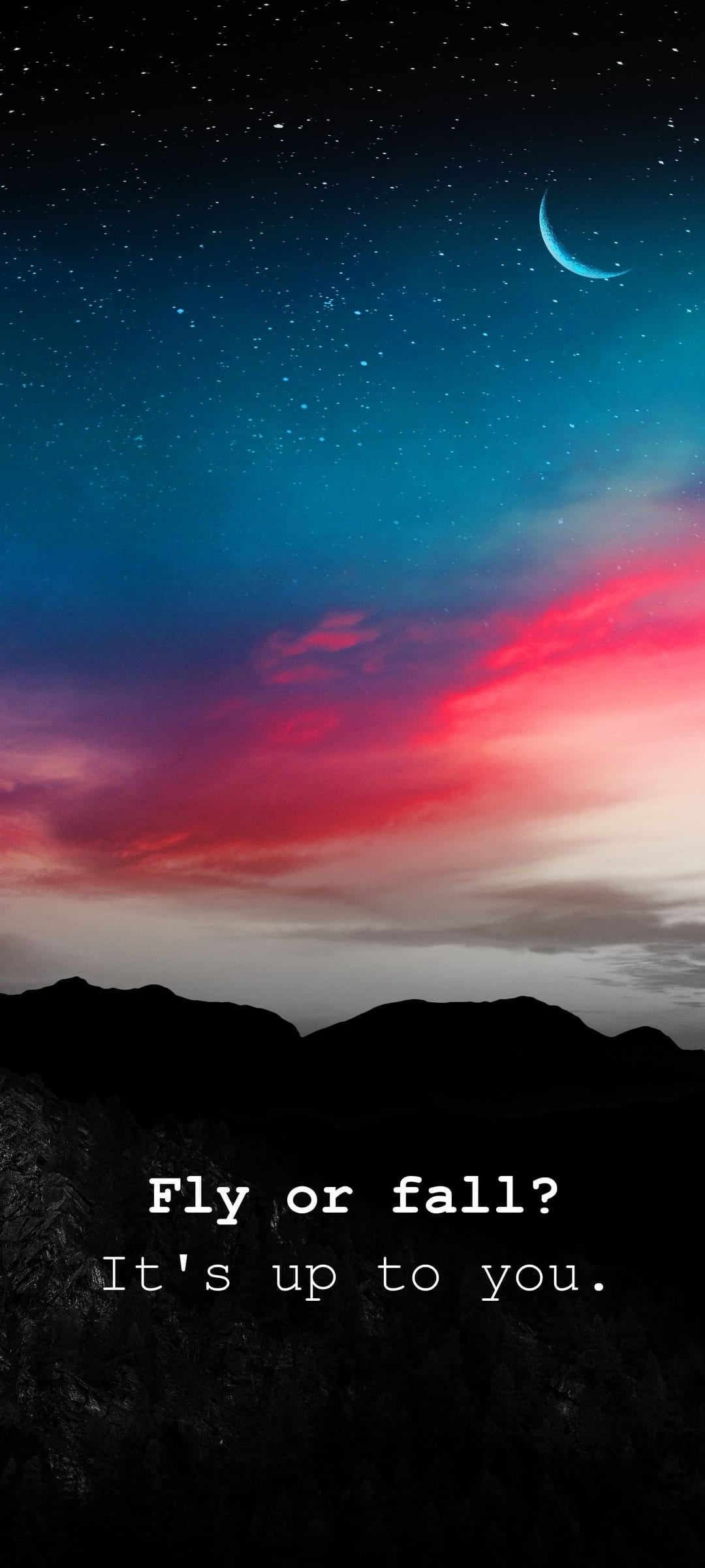 Slender crescent moon over vibrant pink clouds and mountain silhouettes with a motivational text overlay.