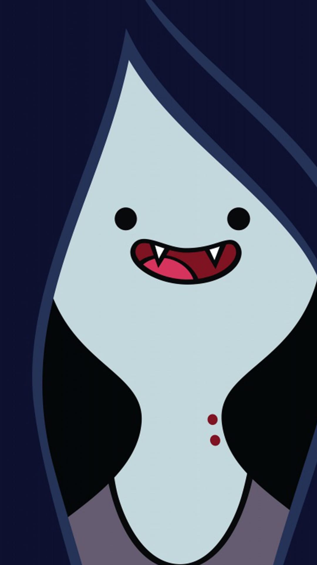 Marceline the Vampire Queen with pale skin and sharp fangs poses against a solid dark navy blue background.