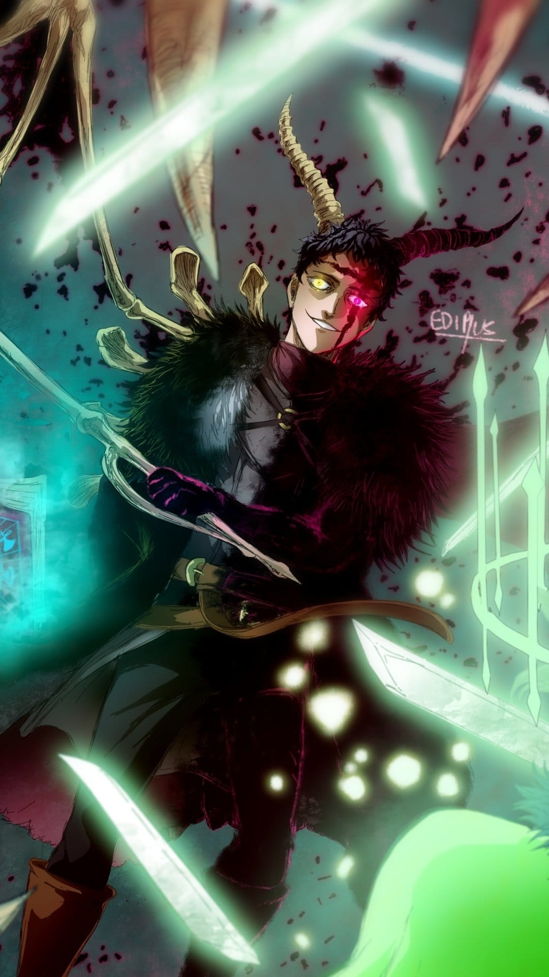 Yami Sukehiro with horns and glowing eyes wields dark magic amidst a flurry of spectral swords and red energy.