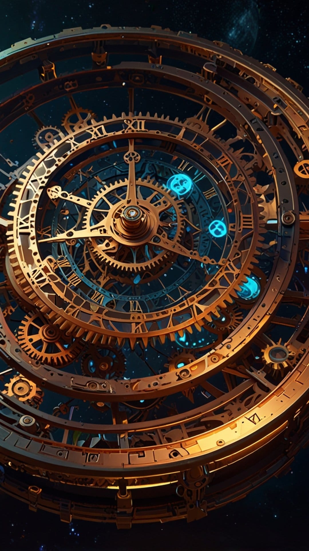 Golden clockwork gears with Roman numerals and blue glowing orbs set against a dark starry cosmic background.