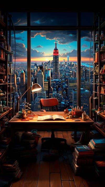 table,books,window,city,view,night