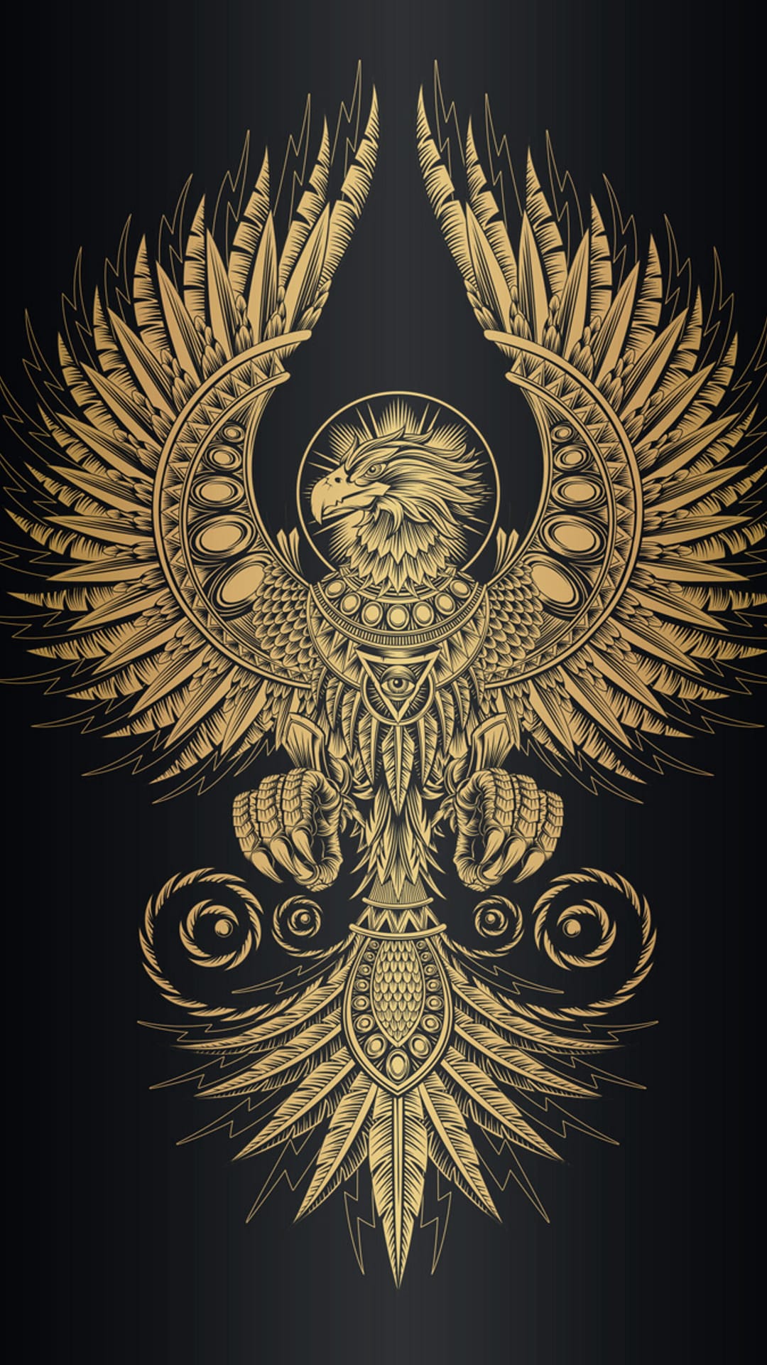 Golden eagle with spread wings and a central mystical eye in a triangle over a pitch black background.