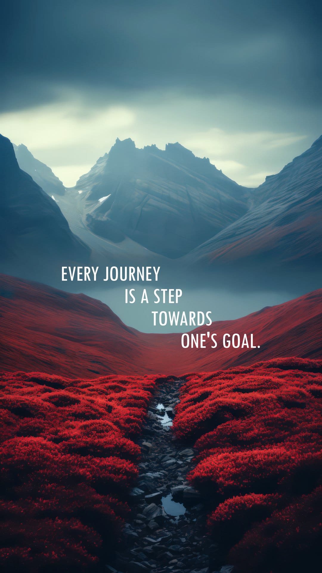 Jagged mountain peaks shrouded in mist behind bright red foliage and text about life's journey and goals.