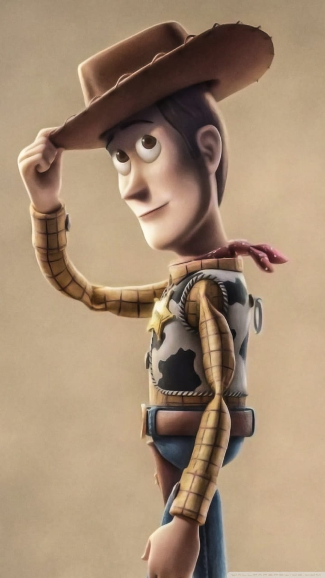 Woody from Toy Story tips his brown cowboy hat while smiling, wearing a cow-print vest and sheriff's star badge.