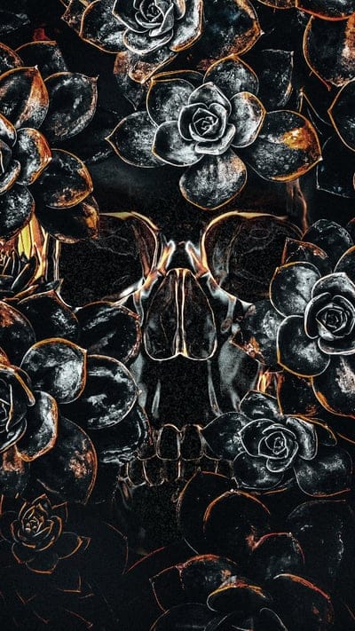 skull in black orange,black and white,bone,bones,dark,flowers,gloomy,grunge,hand, horror,mysterious,sKulls