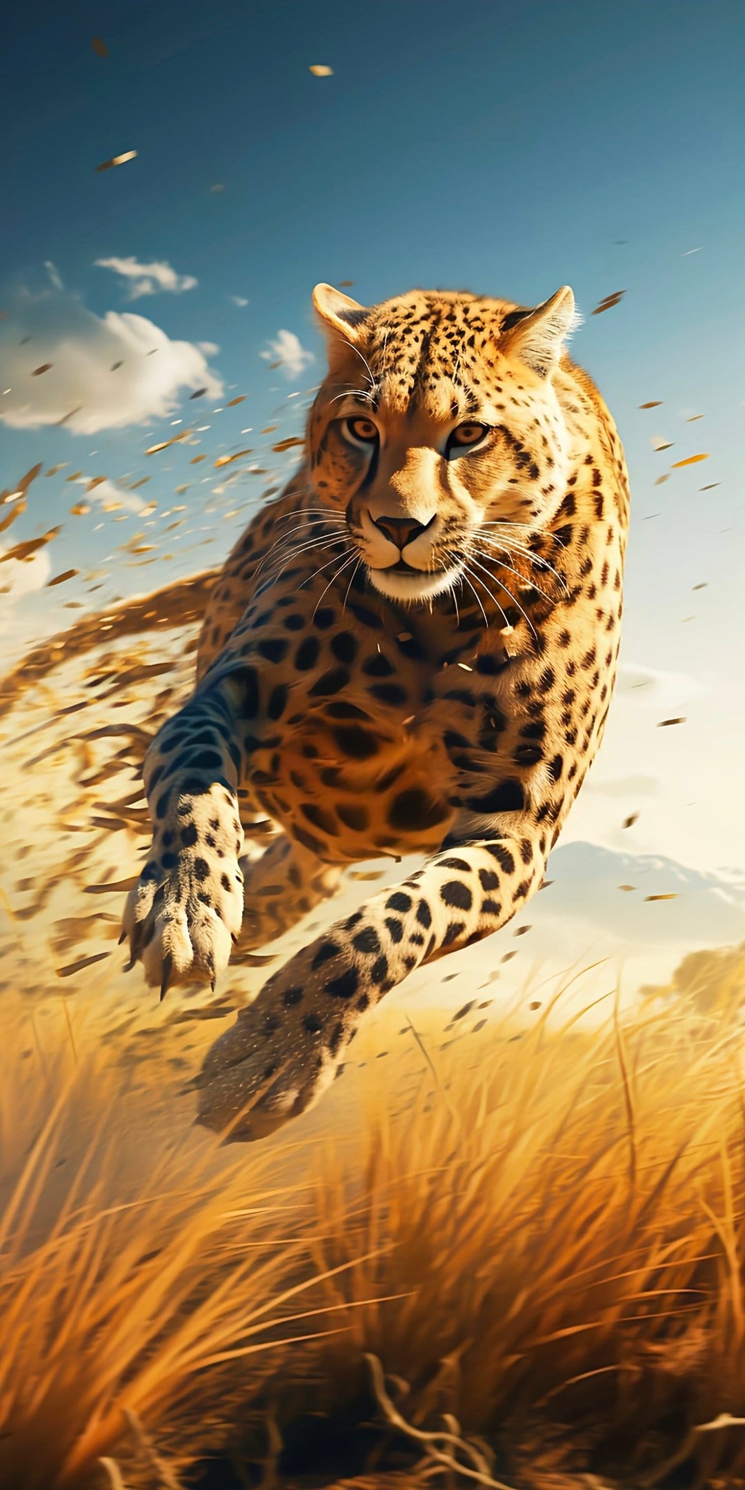 Cheetah leaping through golden savanna grass under a clear blue sky with mountains and dust in the air.