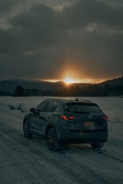 mazda cx-5, mazda, car, suv, gray, rear view, snow, sunset, mobile wallpaper, android wallpaper, iPhone wallpaper, phone wallpaper