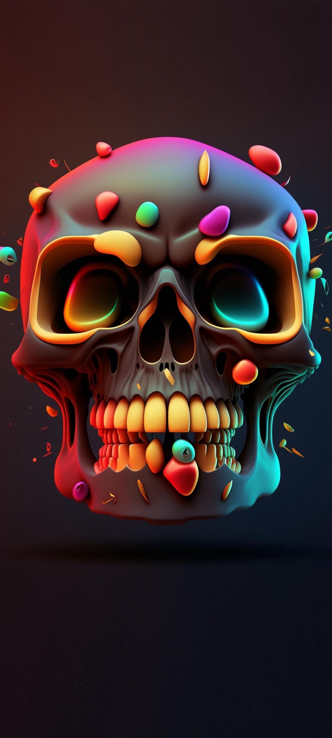Skull covered in rainbow candy droplets with glowing orange and teal eyes against a dark, splattered backdrop.