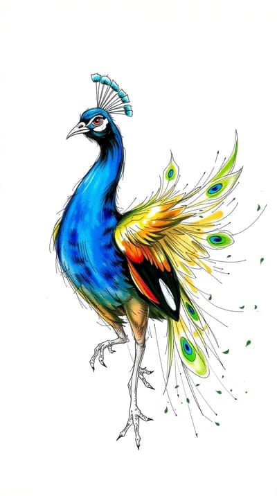 Peacock,Bird,Sketch,Hand Drawn,Color Sketch,Hd Backgrounds,Hd Wallpapers,4k wallpapers,8k wallpapers,High Quality,Hand Made,Elegant,Beautiful,Colorful