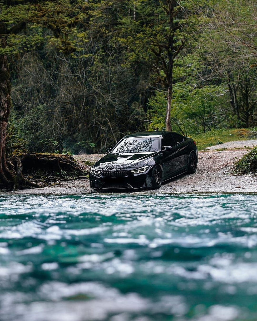 Black BMW M4 parked on a sandy shore next to a bright turquoise river flowing through a lush green pine forest.