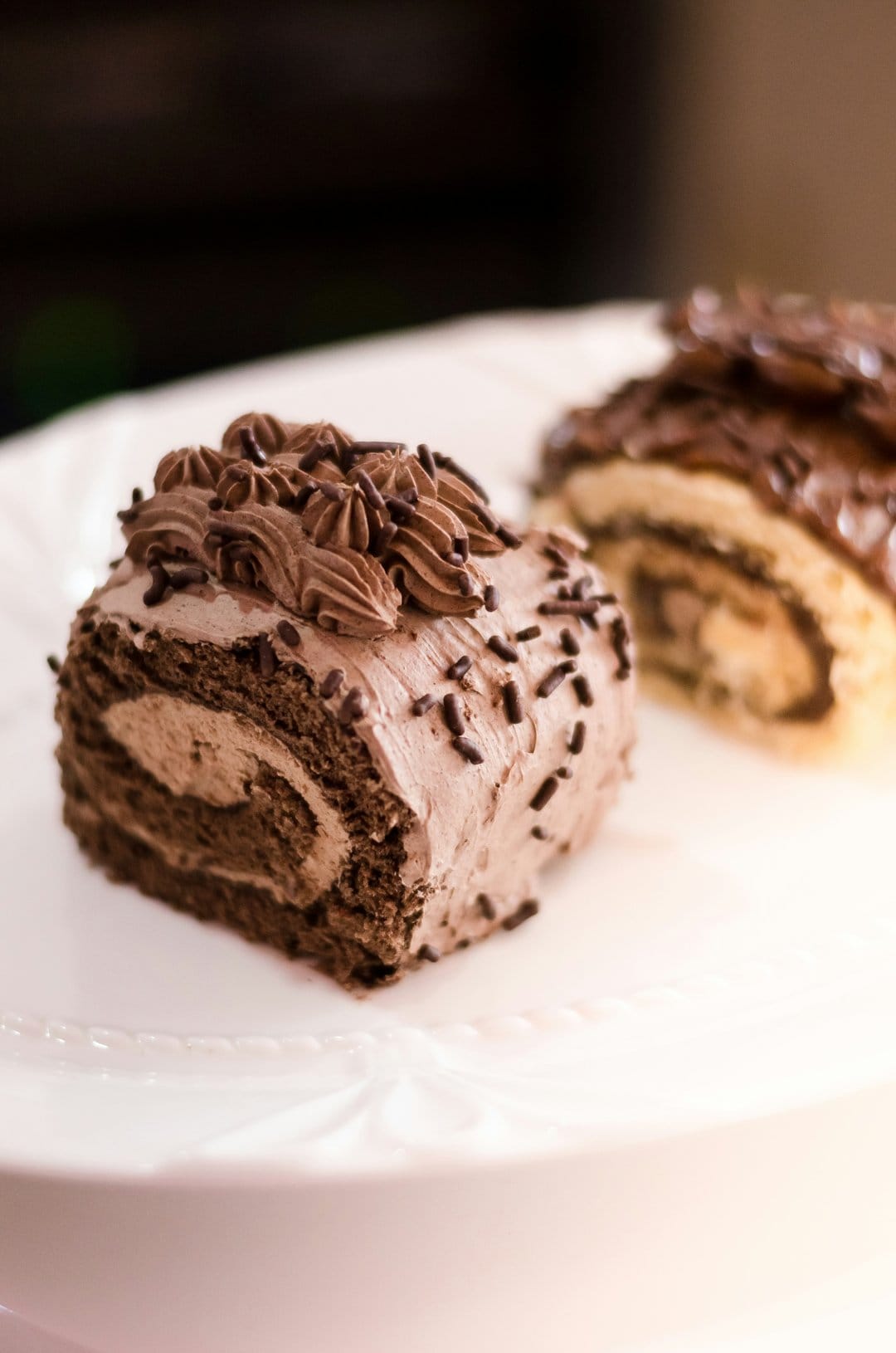 Chocolate Swiss roll slice with dark cocoa frosting and sprinkles shown in a macro food photography style.