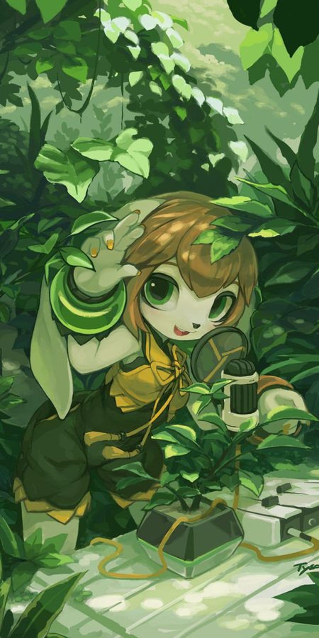 Rabbit-eared character with green eyes holds a vintage microphone while hiding behind thick green forest leaves.