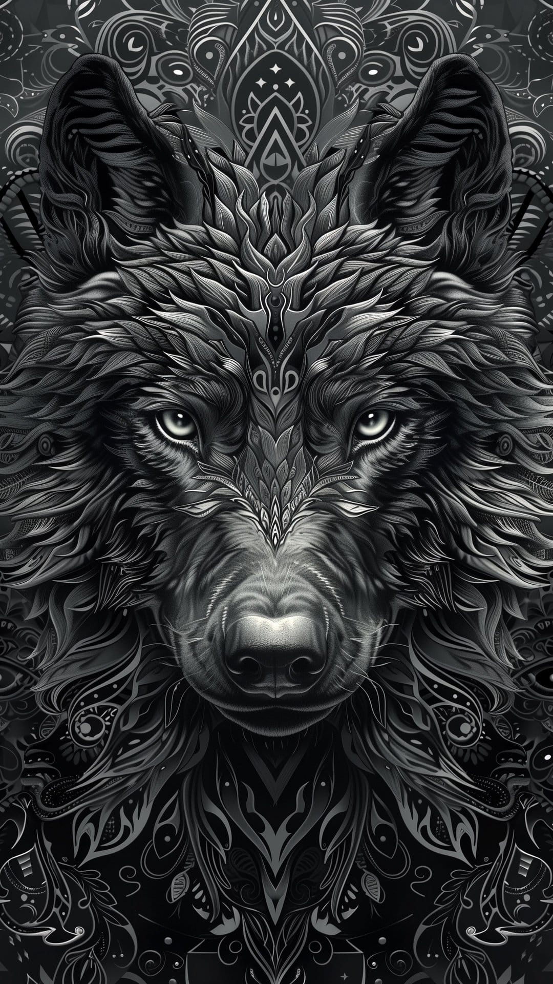 Wolf face with intense eyes surrounded by intricate black and white tribal patterns and geometric ink swirls.