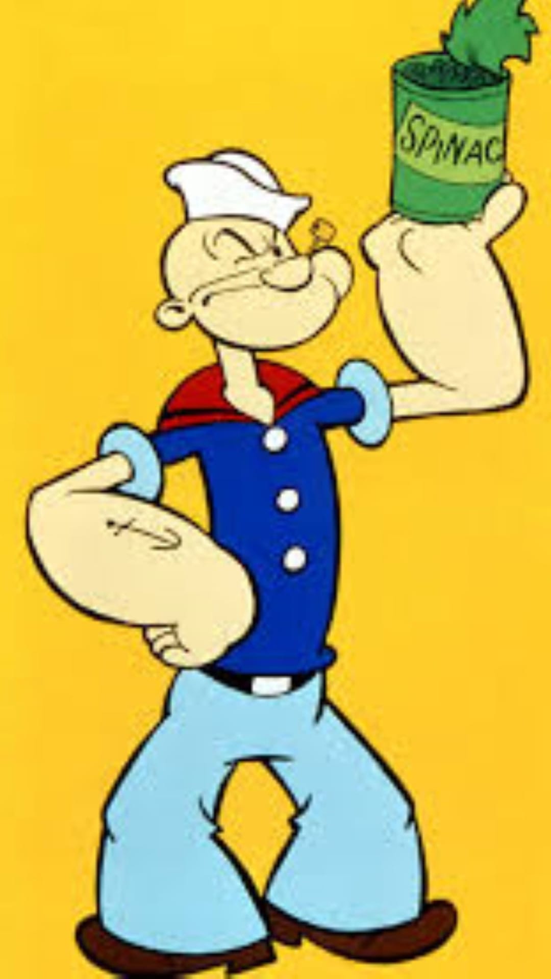 Popeye the Sailor Man holding a can of spinach with an anchor tattoo on his arm over a yellow background.