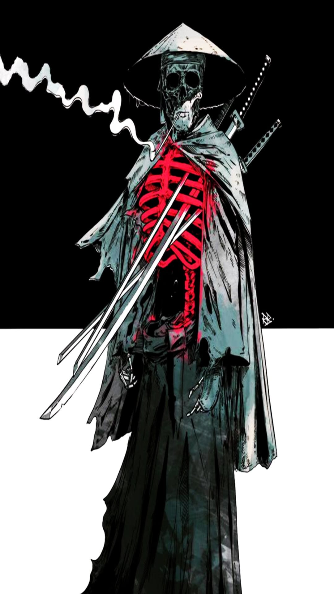Skeletal warrior wearing a wide hat with radiant red ribs and dual katanas surrounded by ethereal white smoke.
