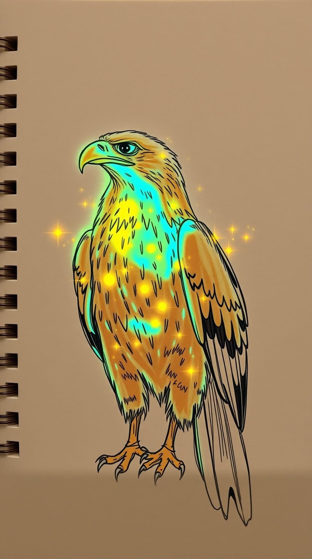 Golden eagle with teal tipped feathers and glowing sparks stands on textured brown paper with spiral binding.